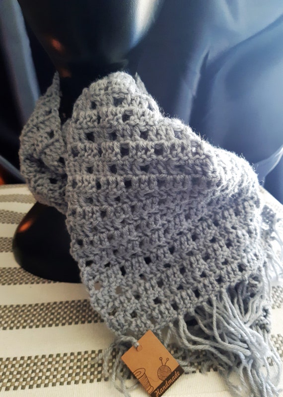 Grey Scarf, Crocheted, Polyester yarn, Fringed, 128 X 21 cms