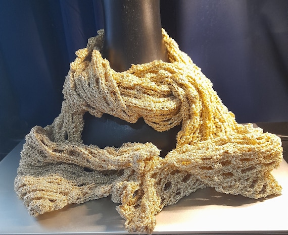 Lurex Scarf, Hand Knitted Scarf, Gold metalized Yarn, elegant design, Crocheted, 120 x 22 centimeters