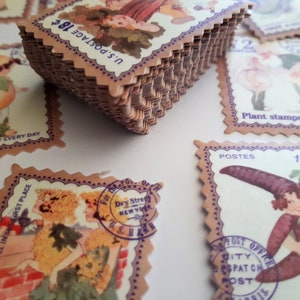 May include: A stack of vintage-style postage stamps featuring illustrations of people and plants. The stamps are brown with purple borders and text. The text on the stamps includes "U.S. Postage 18", "Plant stamps", "Postes 1994", and "Post Office".