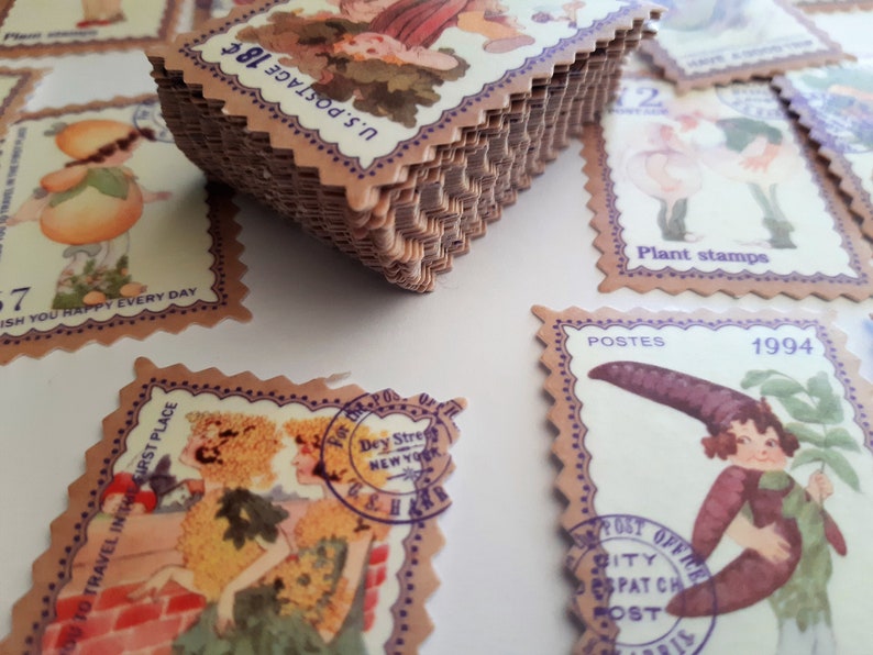 May include: A stack of vintage-style postage stamps featuring illustrations of people and plants. The stamps are brown with purple borders and text. The text on the stamps includes "U.S. Postage 18", "Plant stamps", "Postes 1994", and "Post Office".