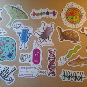 May include: A collection of 15 colorful stickers featuring biology-themed illustrations and text. The stickers include a cell, a DNA strand, a bacterium, a mitochondria, a fish, a turtle, a moth, and a worm. The text on the stickers includes "You must be an antigen because I sure want to bind to you", "I've got the power", "Don't be negative", "What the fork", "Don't waste your potential", "Escherichia coli", "Mitochondria: the powerhouse of the cell", and "Biology".