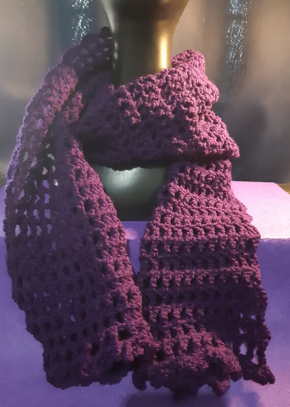 Purple scarf, Hand-knitted, Crocheted, Bright and vibrant colour Acrylic Yarn, 8 ply, 132x 21 centimetres