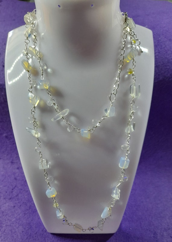 Necklace, Silver Wire Opals, Crystal Beads 60 or 65 cm long, Silver and White Imitation pearls set. In Gift Bag