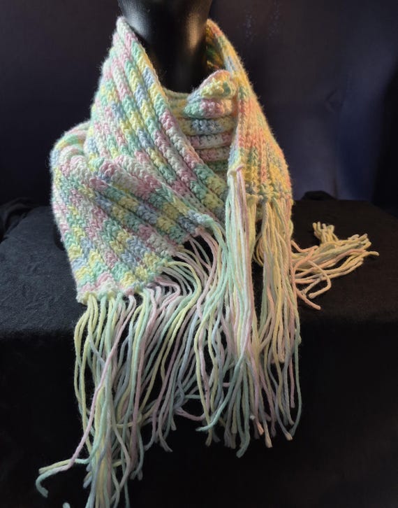 Scarf, Shawl, handmade crochet, white soft baby yarn, luminous colours, and 4 colours acrylic scarf in brown, blue, burgundy, and purple.