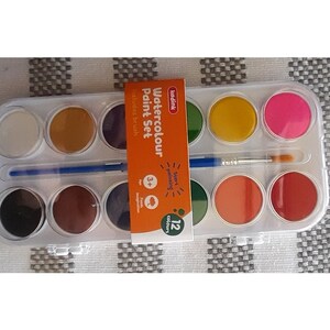 May include: A watercolor paint set with 12 colors in a plastic case. The set includes a brush and is labeled "Watercolour Paint Set" and "12 colours".