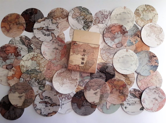 Vintage Maps Stickers, Set of 46, Vintage Hemisphere, Set of 46