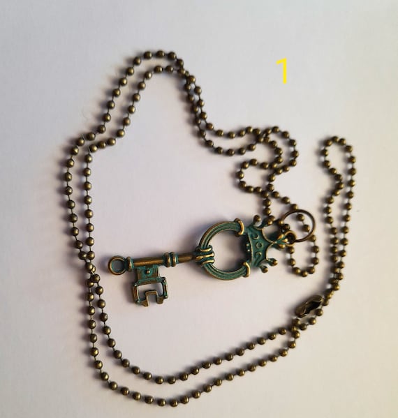 Necklace with Key Pendant Charm, Medieval Style, Bronze alloy metal, 60cm long ball chain, 5 styles to choose from