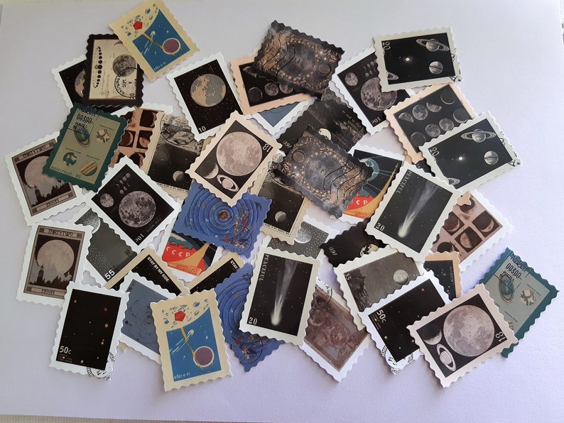 May include: A collection of vintage space-themed postage stamps featuring images of planets, stars, and celestial bodies. The stamps are printed on white paper with black and white illustrations and have a variety of denominations.