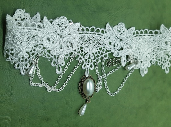 White Lace Choker Necklaces, Imitation Pearl