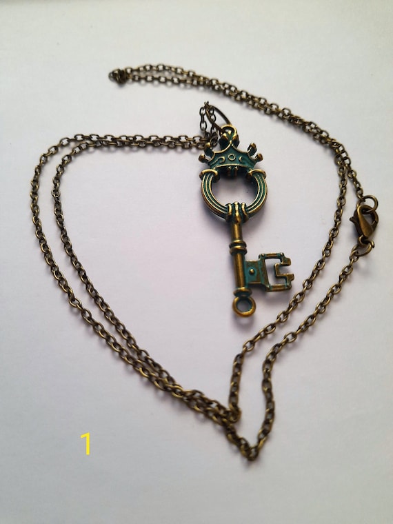 Necklace with Key Pendant, Medieval Style, Bronze alloy metal, 60cm long chain, 7 styles to choose from