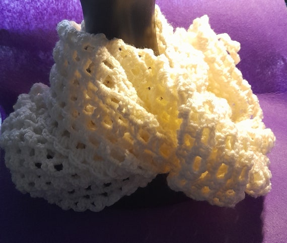 White Scarf, Shawl, Crocheted, Hand Made, Polyester yarn, 120X 26 centimeters