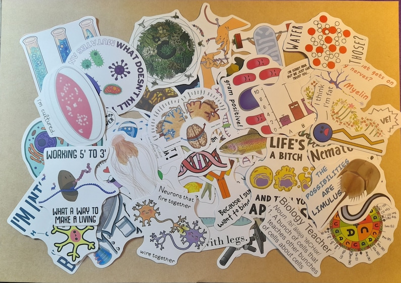 May include: A collection of colorful stickers featuring science-themed illustrations and text. The stickers include images of cells, neurons, DNA, and a fish. The text on the stickers includes phrases like "I'm cultured", "Working 5' to 3'", "What a way to make a living", "Life's a bitch", and "The possibilities are limitless".