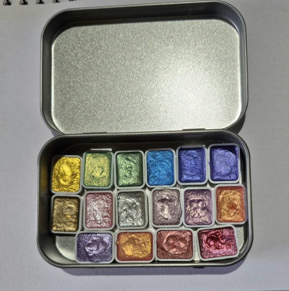 Metallic Watercolor Paint Set: 16 Pearlescent Colors, Portable Art Supplies.