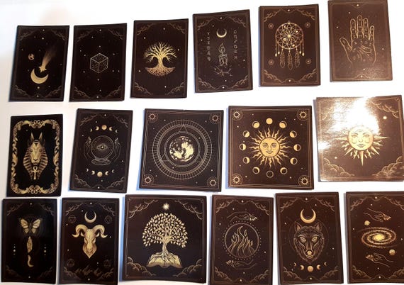 Enigmatic Tarot Glossy Stickers, Black and Gold Stickers, 26/52 pieces, Tarot Deck Graffiti Stickers for DIY Luggage Phone