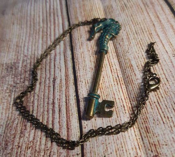 Necklace with Key Pendant Charm, Medieval Style, Bronze alloy metal, 45 cm long chain. In Gift Bag.