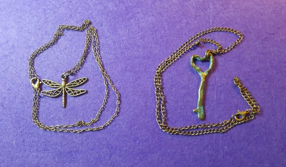 Dragonfly  or Key Pendant Necklaces, Ancient Bronze Colour, 60 cm Chain, 1 Piece. In a Velvet Gift Bag