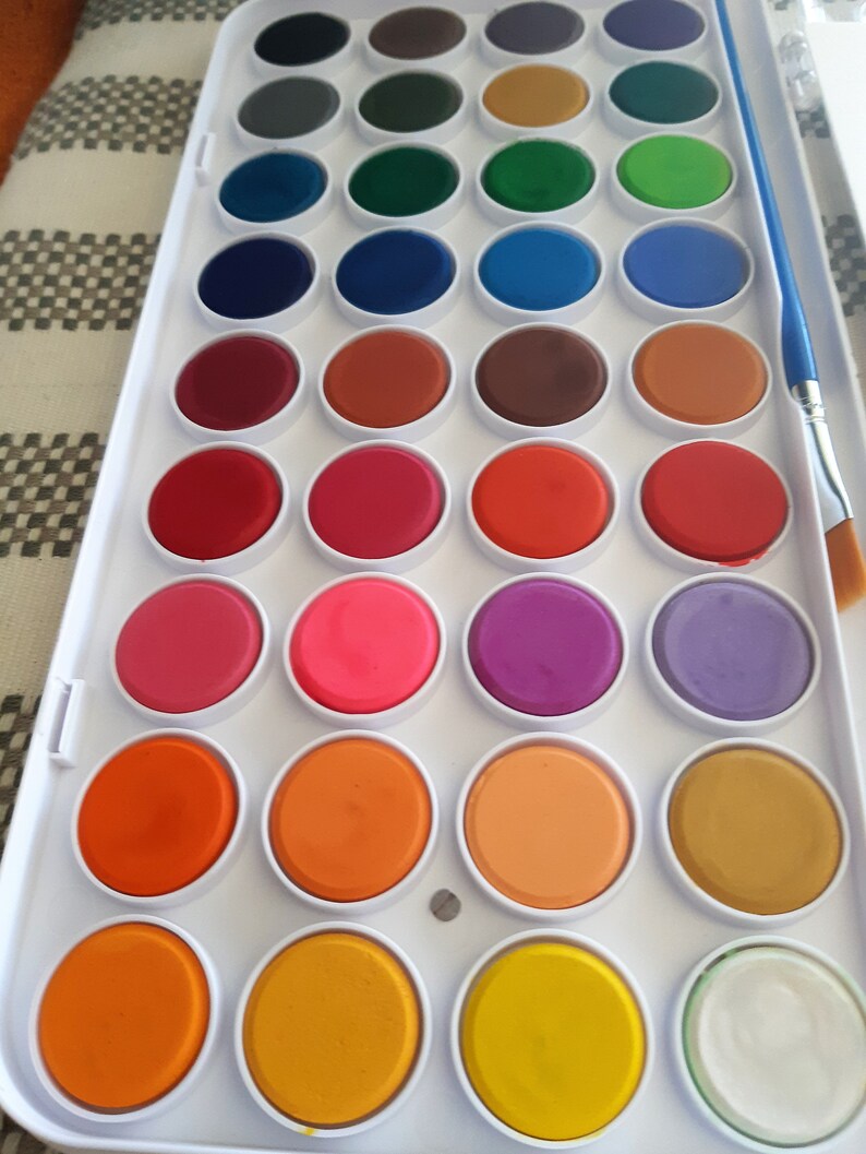 May include: A white plastic watercolor paint set with 24 round paint pans. The pans are arranged in four rows of six. The paint colors include red, orange, yellow, green, blue, purple, pink, brown, and black. A blue paintbrush is included.