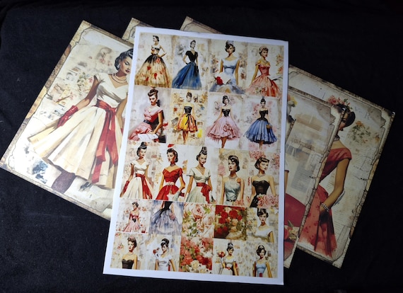 Fashion trends from the 1950s, Vintage Stickers, 6 large scrapbook pages, plus 25 stickers. Perfect for Packaging and Journal Supplies.