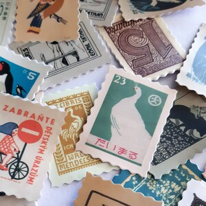 May include: A collection of vintage postage stamps with various designs, including birds, animals, and text. The stamps are in different colors and sizes, and some have scalloped edges.