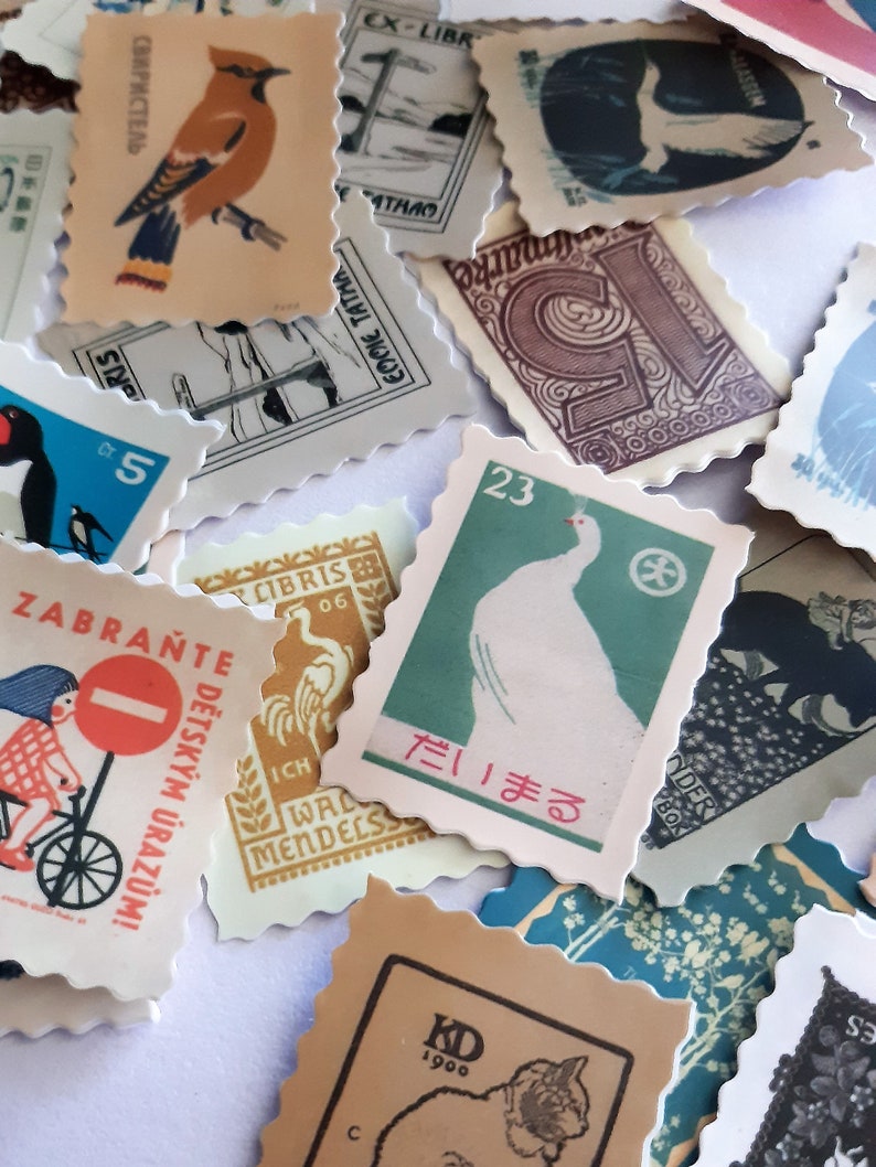 May include: A collection of vintage postage stamps with various designs, including birds, animals, and text. The stamps are in different colors and sizes, and some have scalloped edges.