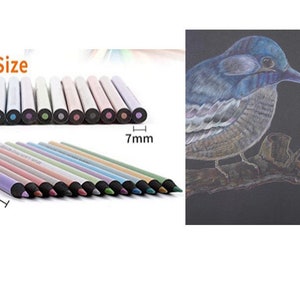 Pu&ograve; includere: Un set di 12 matite colorate metalliche, di 7 mm di diametro e 174 mm di lunghezza. Le matite sono disposte in fila, con le punte rivolte verso lo spettatore. Le matite sono di vari colori, tra cui argento, oro, rosa, blu e verde. Le matite sono utilizzate per disegnare un uccello su uno sfondo nero.