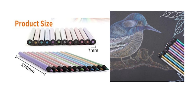 Pu&ograve; includere: Un set di 12 matite colorate metalliche, di 7 mm di diametro e 174 mm di lunghezza. Le matite sono disposte in fila, con le punte rivolte verso lo spettatore. Le matite sono di vari colori, tra cui argento, oro, rosa, blu e verde. Le matite sono utilizzate per disegnare un uccello su uno sfondo nero.