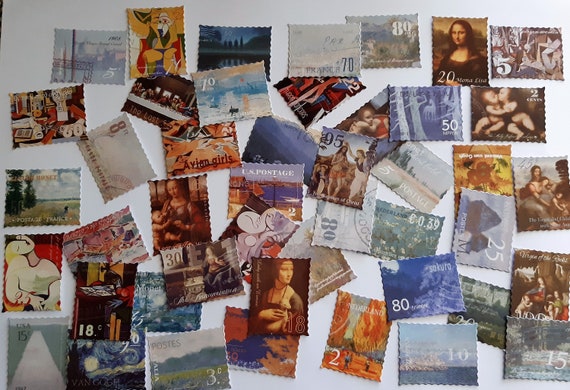 Famous paintings stamps, Stickers, Memorabilia, Great apinters artworks, Set of 22/45 pieces, for Scrapbook, Journalling, Collages