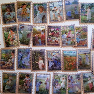 May include: A collection of vintage postage stamps featuring various scenes of children in nature. The stamps are printed on paper with a textured surface and have a scalloped edge. The stamps are in various colours, including blue, green, red, and yellow.