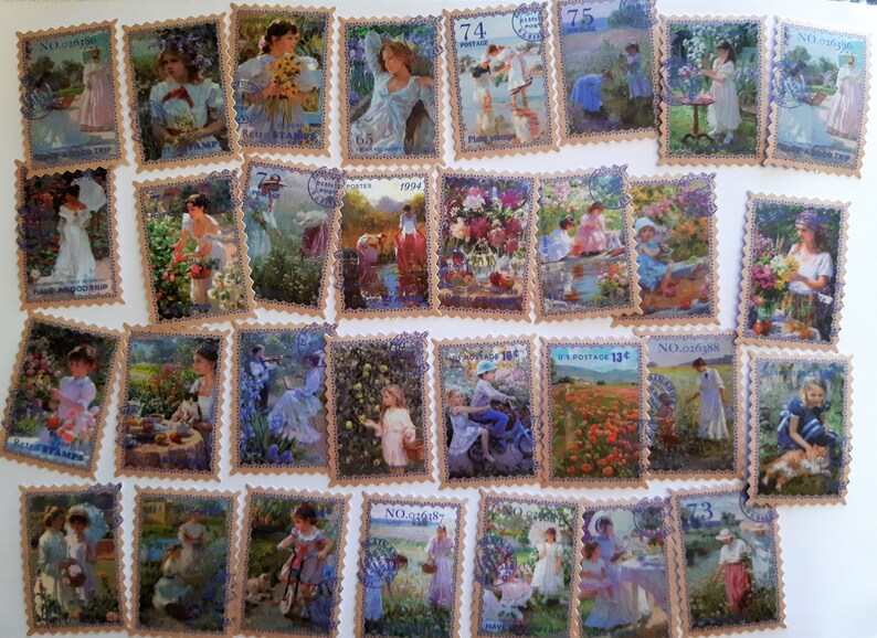 May include: A collection of vintage postage stamps featuring various scenes of children in nature. The stamps are printed on paper with a textured surface and have a scalloped edge. The stamps are in various colours, including blue, green, red, and yellow.