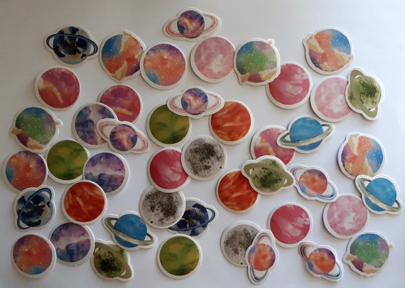 Planets Stickers, Sky Stickers, Colorful Stickers, Astronomy Stickers, Decoration Labels, Scrapbooking, Paper Stickers, Set of 45 pieces