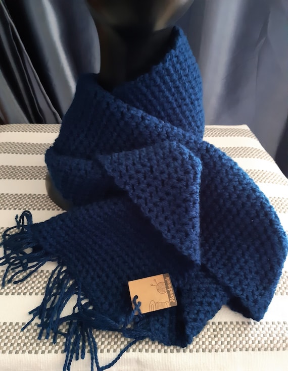 Blue Scarf, Crocheted, Polyester yarn, Fringed, 120X 20 cms