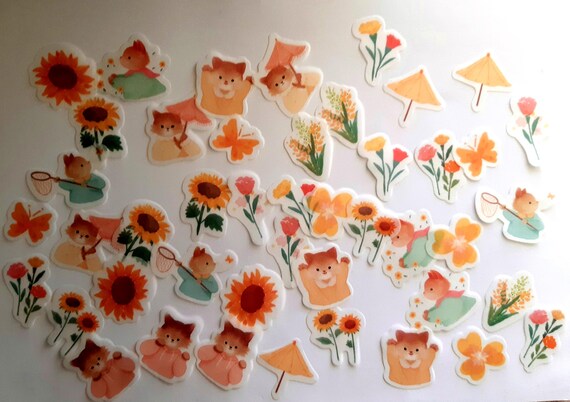 Cats and Sunflowers Stickers, Japanese paper, Colorful design, Set of 22/45 pieces, Scrapbooking, Journalling, Diary, Embellishment