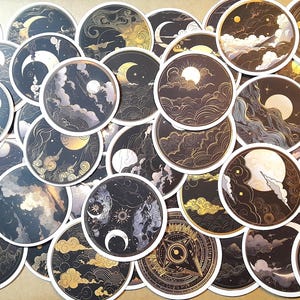 Sun and Moon Cool Dark Golden Sun Moon Graffiti Circular Stickers 25/50 pieces Aesthetic Cartoon Art Decals Car Laptop Luggage  Waterproof