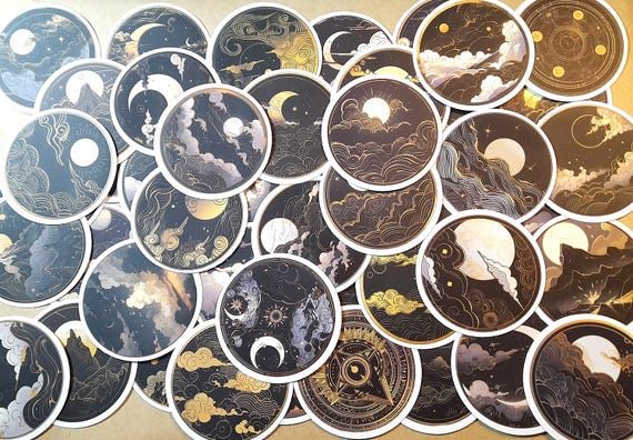 Sun and Moon Cool Dark Golden Sun Moon Graffiti Circular Stickers 25/50 pieces Aesthetic Cartoon Art Decals Car Laptop Luggage  Waterproof