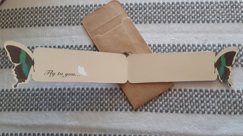 May include: A beige bookmark with a green and black butterfly on each end. The bookmark is folded in half and says "Fly to you..." on the front.