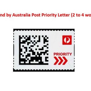 May include: A white postage stamp with a black and white QR code, a red "D" logo, and the words "PRIORITY" and ">>>" in red.