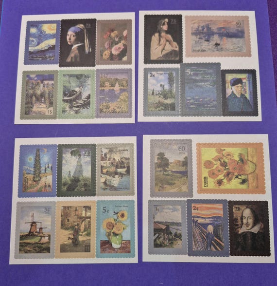 Retro Album Stamps Decor Stickers, Fairies Stickers, and Great Painters artwork, 4 sheets, 22 stickers for Scrapbook and decorations