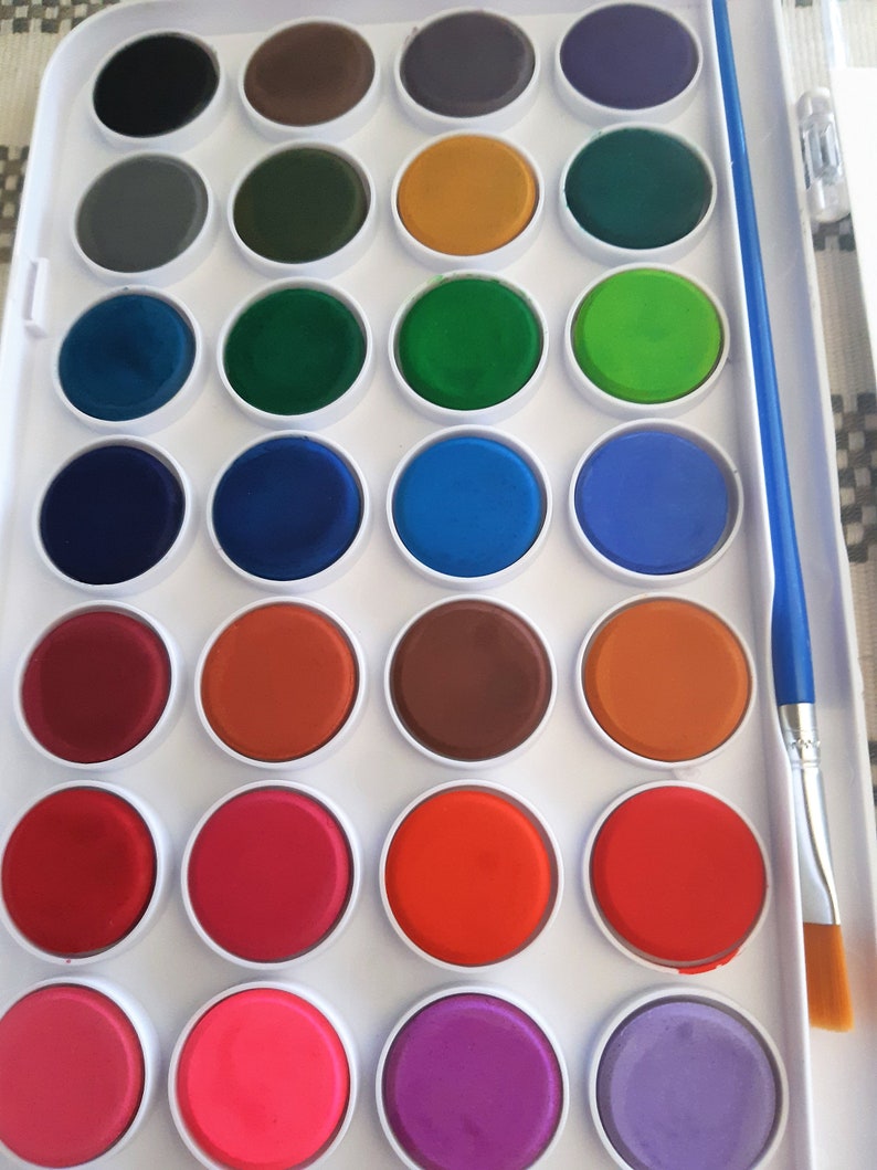 May include: A white plastic watercolor paint set with 24 round paint pans. The pans are arranged in a grid pattern and contain various colors, including black, brown, green, blue, orange, red, and pink. A blue and white paintbrush is included.