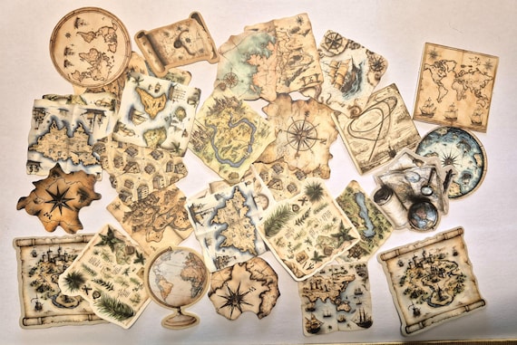 Vintage Map Stickers, 25 pieces, Scrapbook Collage Set