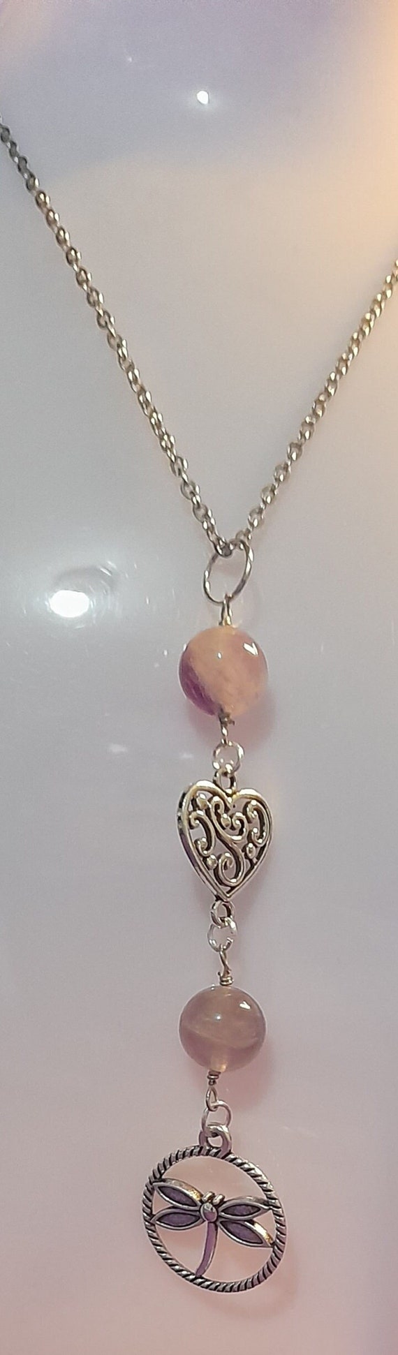 Dragonfly Heart Necklace, 60cm long chain and 8 cm pendant, Stainless Steel Chain. In velvet bag. Hand Made