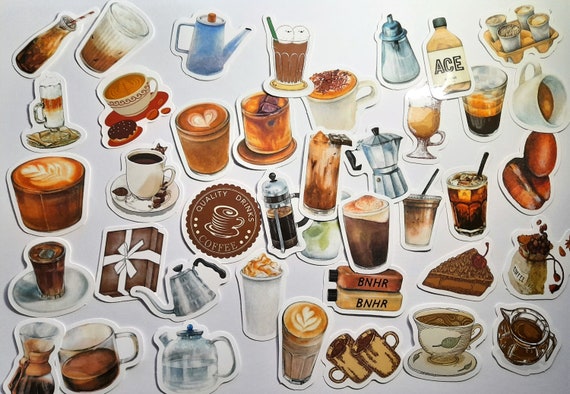Coffee Drinks Hand Drawing Style Travel Stickers 40pcs Diary Stickers for Stationery Scrapbook Mobile Phone Laptop Coffee Art Decal Sticker