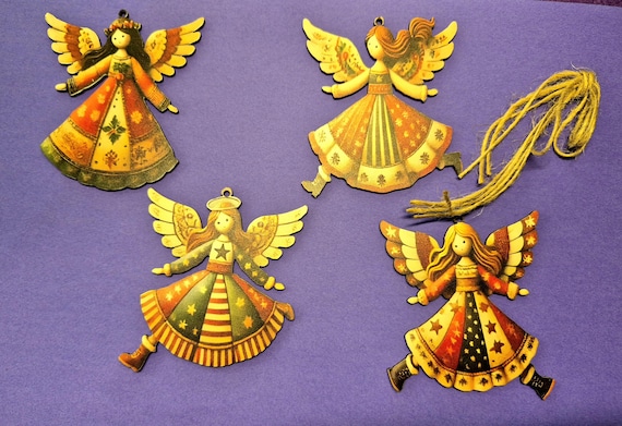 Angels Doll Wooden Christmas Ornament, Christmas Angels Decorations, Pendant Xmas Tree Hanging Ornament, with string, 4 assorted pieces