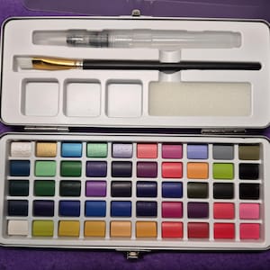50 Color Watercolor Paint Set: Metallic Box with Brushes, 2 collections