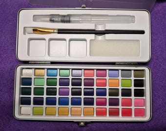 50 Color Watercolor Paint Set: Metallic Box with Brushes, 2 collections
