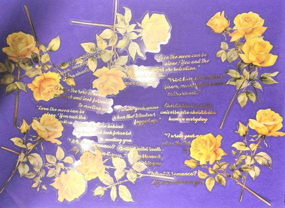 Yellow roses and loving quotes, 14/28 pieces, Golden Bright quotes, Translucent labels, Pet Stickers, Decorative Stickers, Scrapbooking