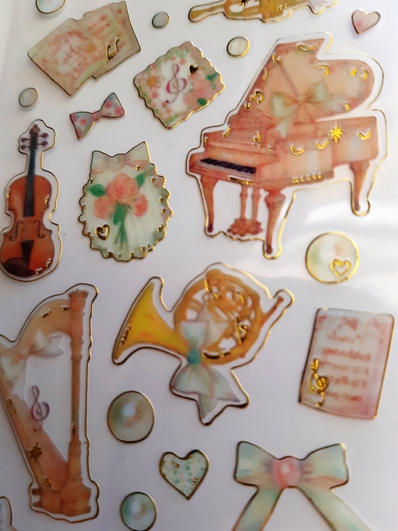 Vintage Music Instruments Stickers, Music Notes Stickers, For Music Lovers, I love music Stickers, 1 Sheet a lot of stickers, Gold Stamping