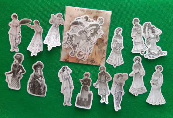 Stickers, Old Fashion Ladies , Set of 18, Black and White