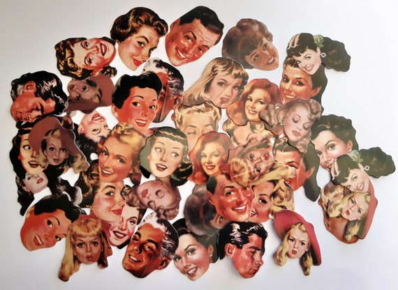 Vintage Faces, Stickers, set of 23/46 pieces, 1950's style photos, Colorful stickers, Commercial TV memorabilia