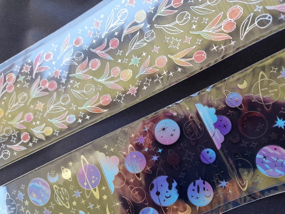 Planet, Plants, Sea, Butterfly PET Tape Strip 1 Piece 60mm*350mm, Holographic Design, Colorful Decorative Stickers, DIY Scrapbooking Planner
