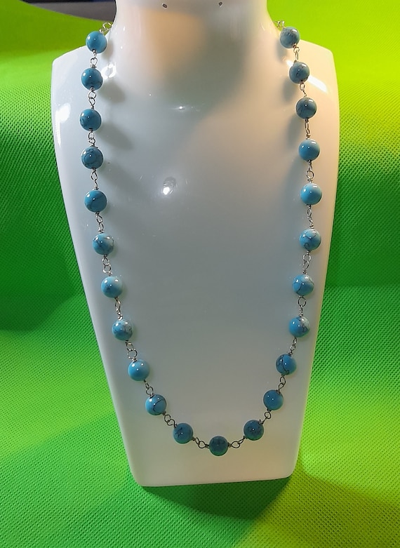 Turquoise Necklaces, Silver and Old Bronze Colour Necklace. 1 piece. Hand Made. Turquoise Stone Beads, Hand Made. In a gift bag.